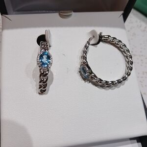 Sterling Silver genuine Blue/White Topaz Hoop Earrings